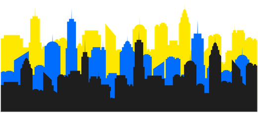 Silueta de una ciudad en amarillo, azul y negro